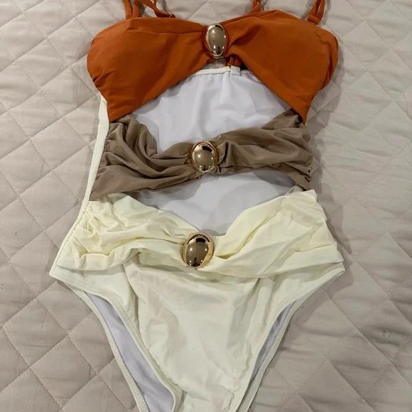 BNWT Tricolor Swimsuit with Gold Accents - Picture 1 of 3